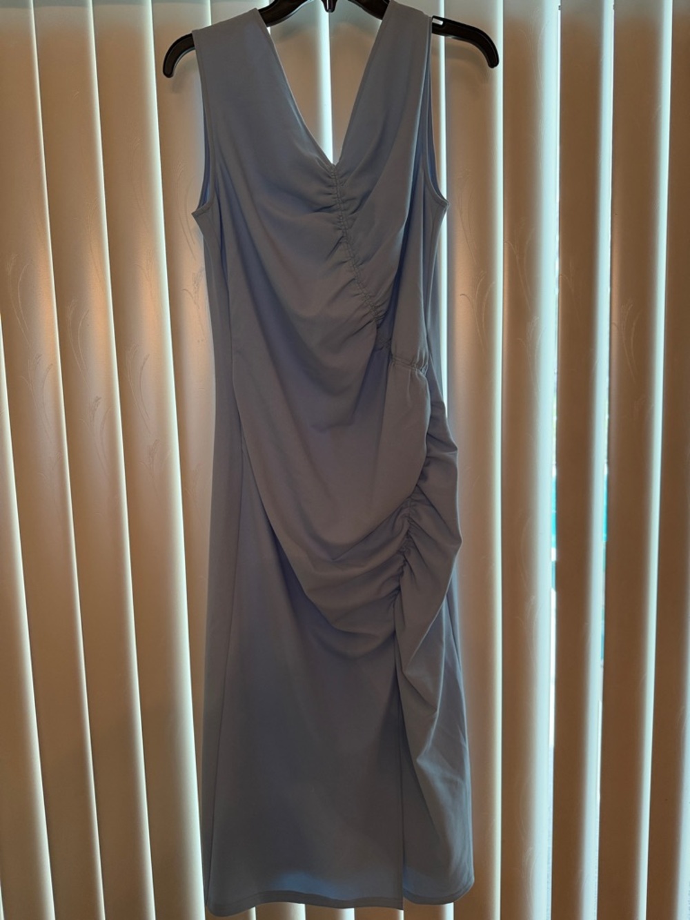 Nicole Miller Powder Blue Sleeveless Ruched V-Neck Midi Dress